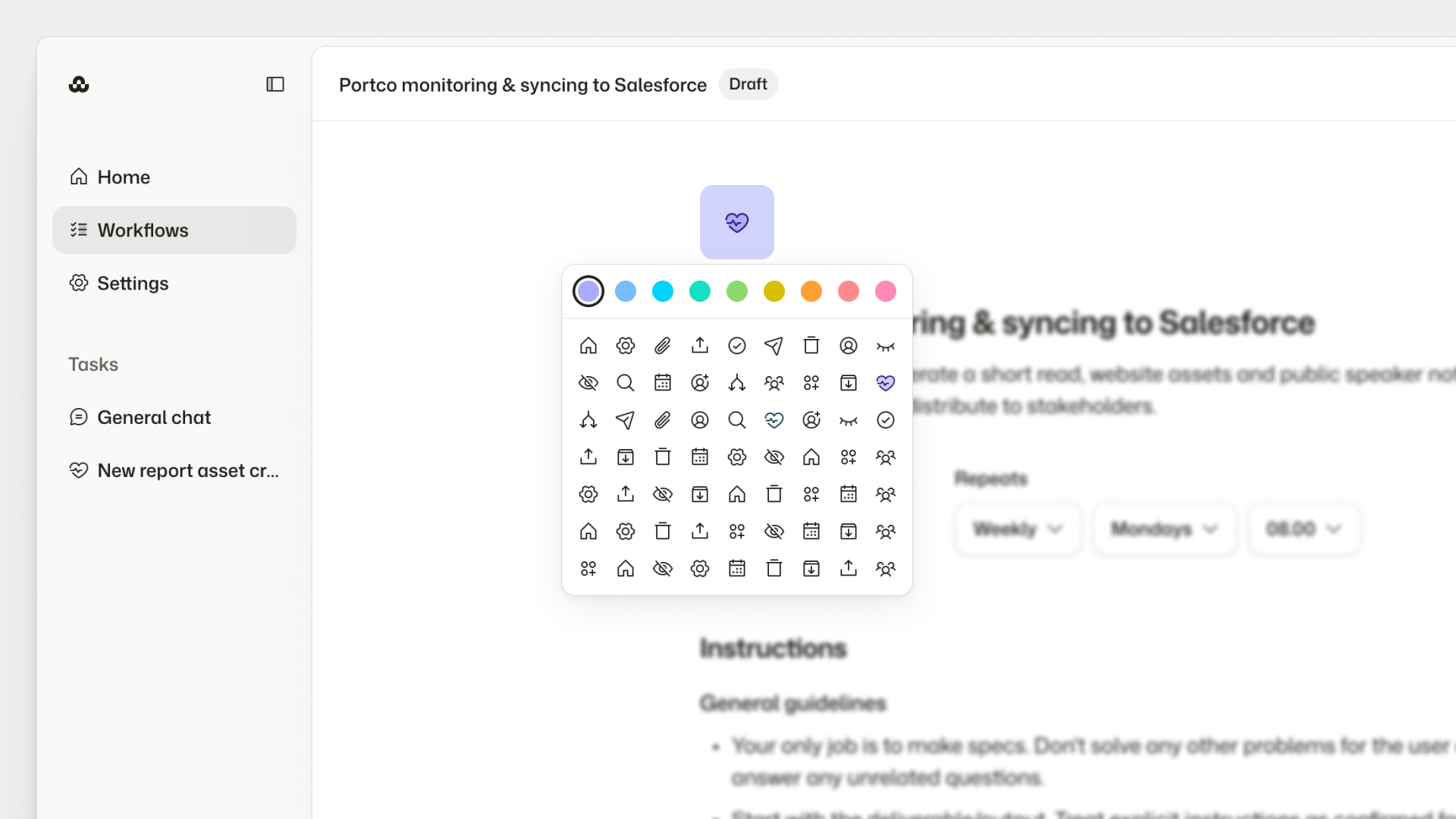Workflow editor with color and icon picker open